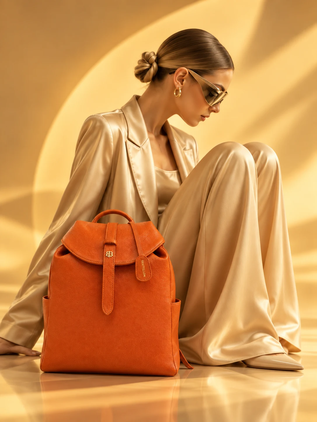 Orange backpack displayed in a gallery